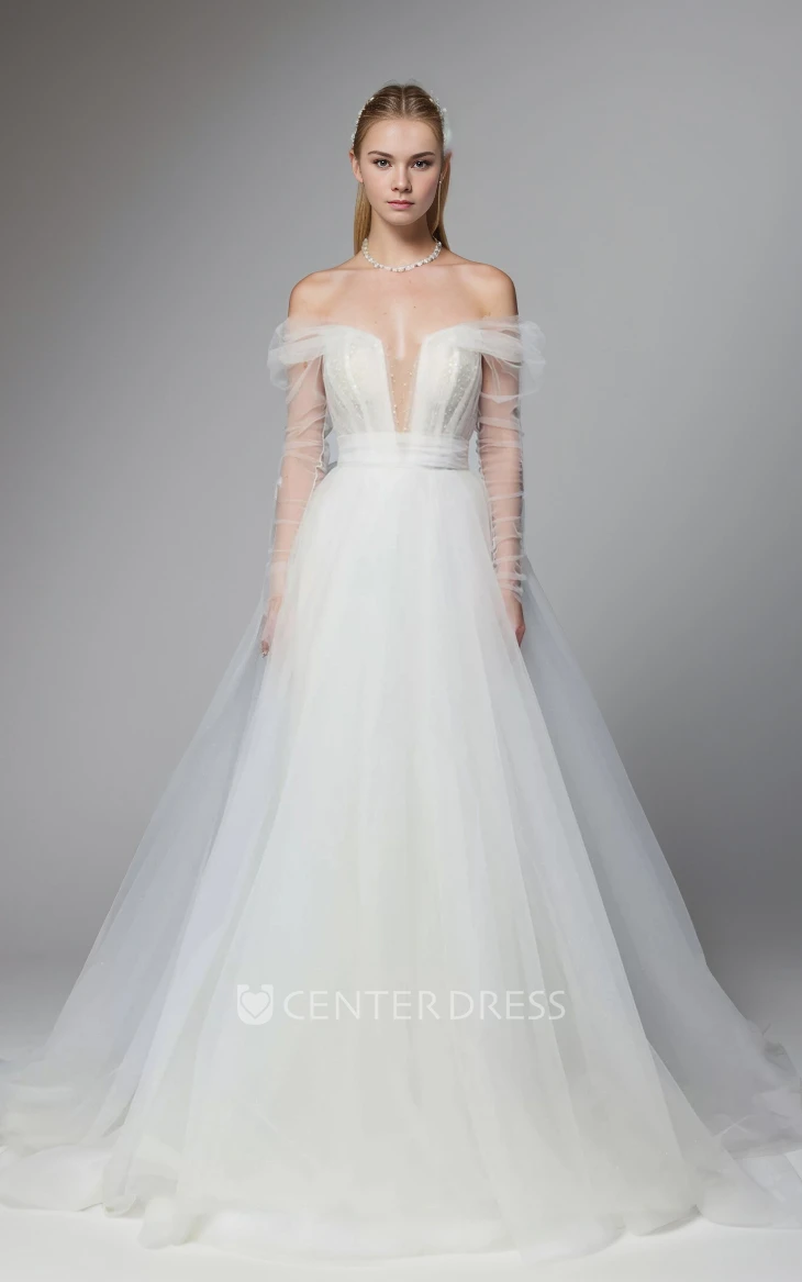 Plunging Neckline Off-the-shoulder A-Line Tulle Bridal Dress Floor-length Low-V Back Wedding Gown