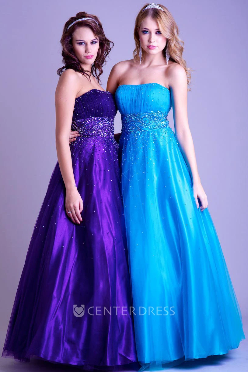 A-Line Sleeveless Long Strapless Ruched Tulle&Satin Prom Dress With Beading