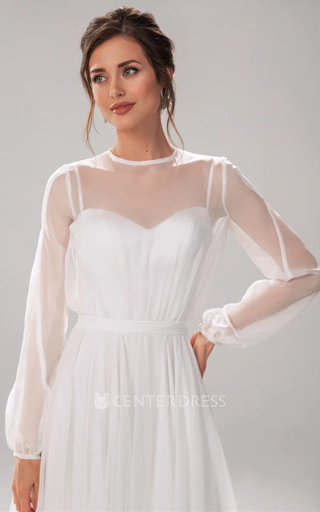 Beautiful A Line Jewel Chiffon Long Sleeve Wedding Dress with Train