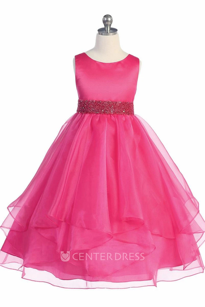 Tea-Length Beaded Tiered Sequins&Organza Flower Girl Dress With Ribbon
