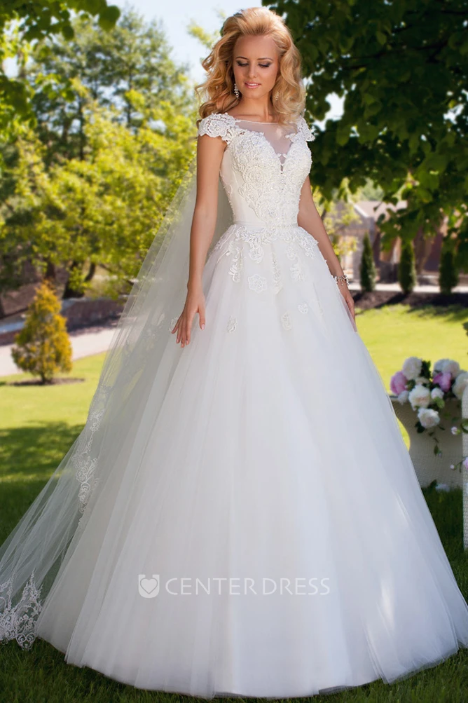 Ball Gown Cap Sleeve Appliqued Bateau Neck Tulle Wedding Dress