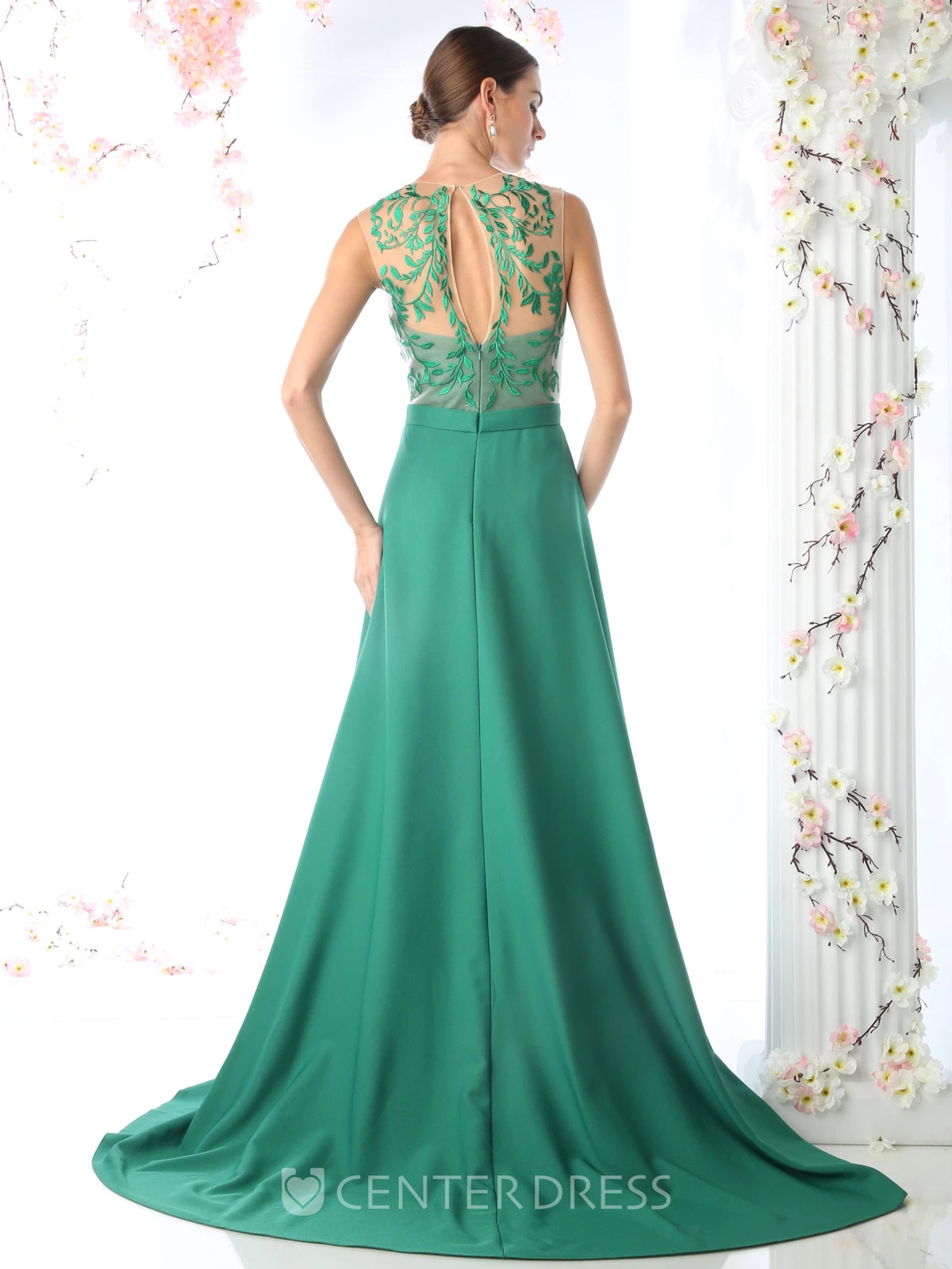 Sheath Jewel-Neck Sleeveless Jersey Illusion Dress With Embroidery And Split Front