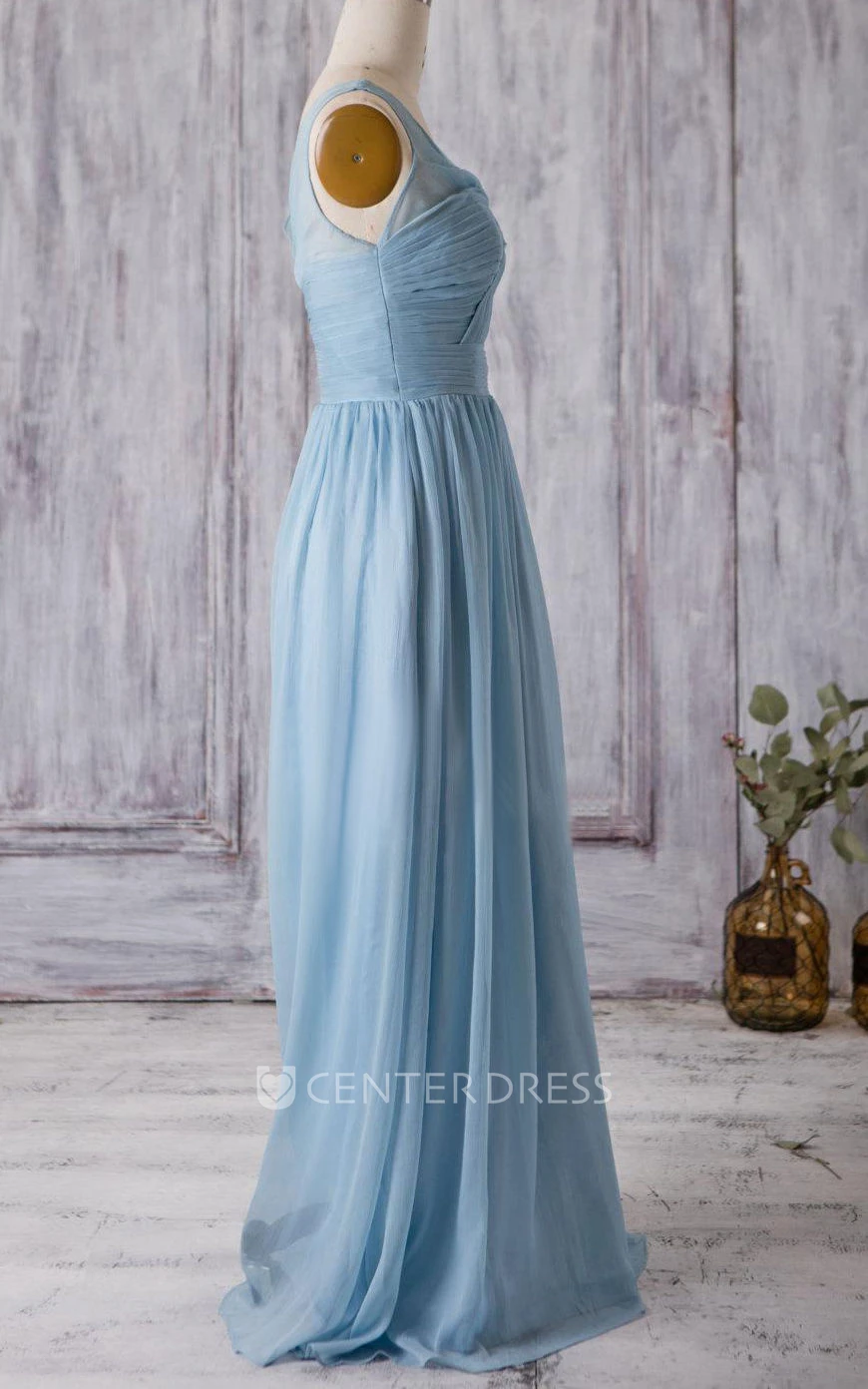 V Neck A-line Pleated Chiffon Floor Length Dress With Bandage