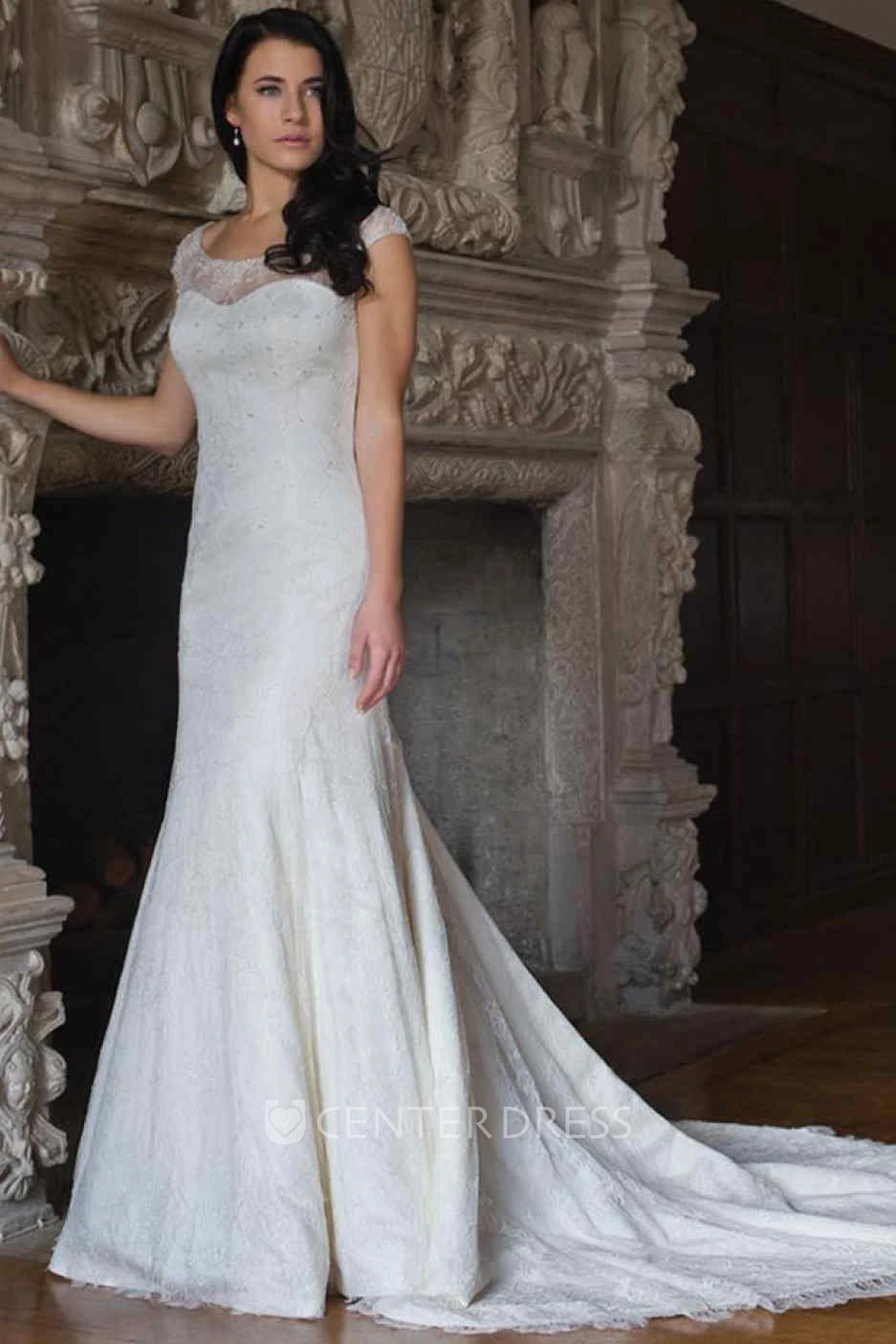Sheath Appliqued Floor-Length Scoop-Neck Cap-Sleeve Lace Wedding Dress With Beading