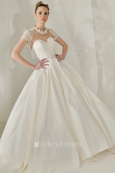 A-Line Sweetheart Beaded Maxi Cap-Sleeve Satin Wedding Dress With Illusion Back