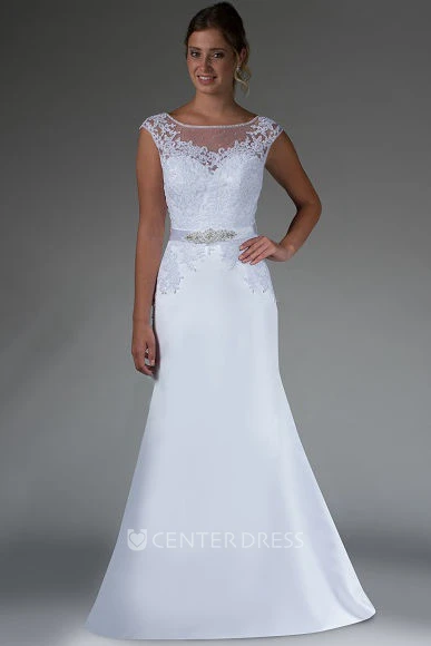 Beading Sash Sheath Satin Bridal Gown With Removable Lace Cap-Sleeve Top