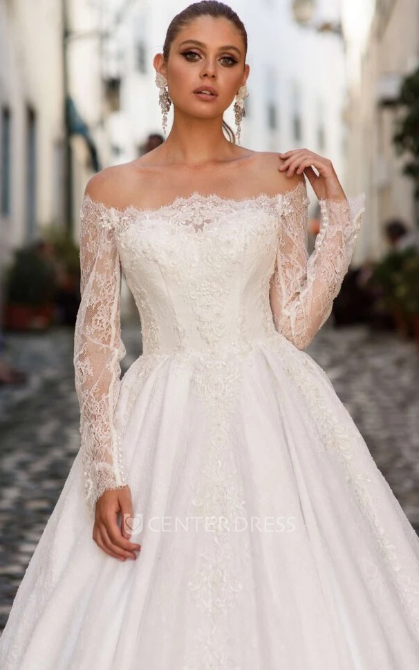 Modern Ball Gown Lace Off-the-shoulder Floor-Length Long Sleeve Wedding Dress With Appliques