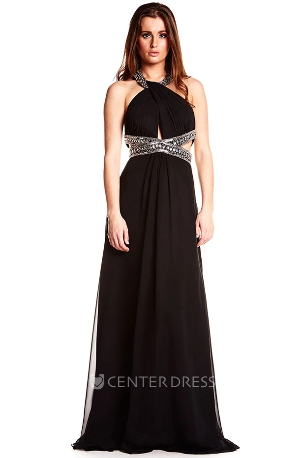Beaded Sleeveless Halter Chiffon Backless Prom Dress