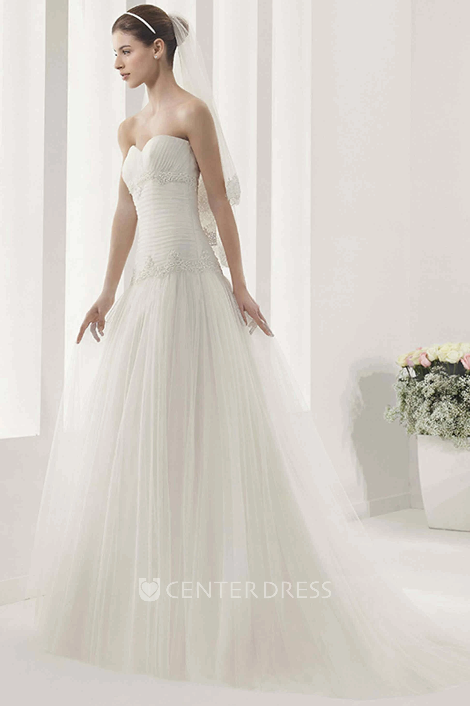 Ruched Drop Waist A-Line Tulle Gown With Removable High-Neck Lace Top