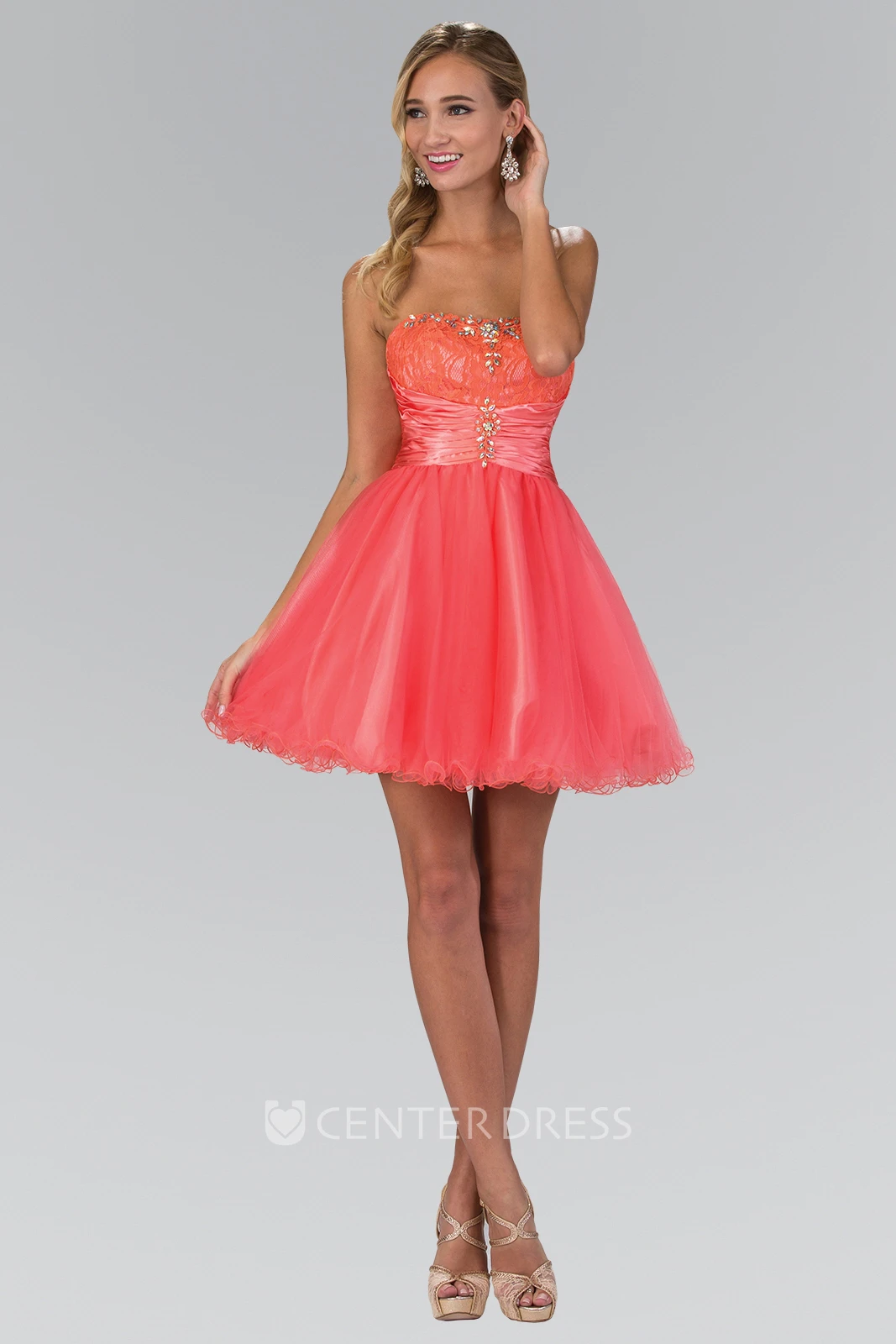 A-Line Mini Strapless Sleeveless Tulle Corset Back Dress With Beading And Lace