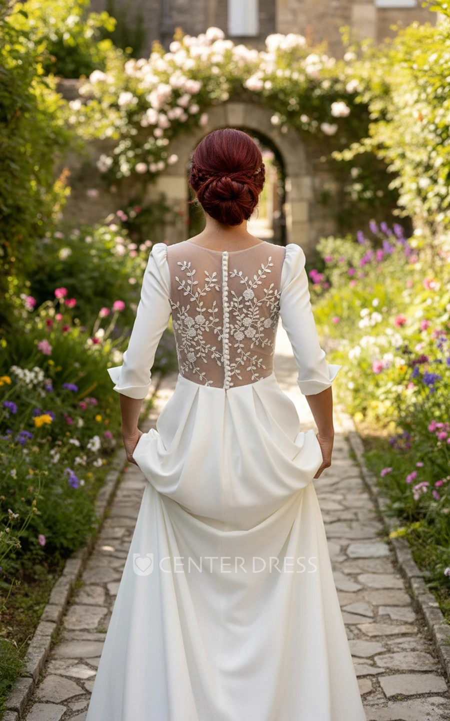 Simple A-Line V-Neck Wedding Dress with 3/4 Sleeves Casual Lace Back Bridal Gown