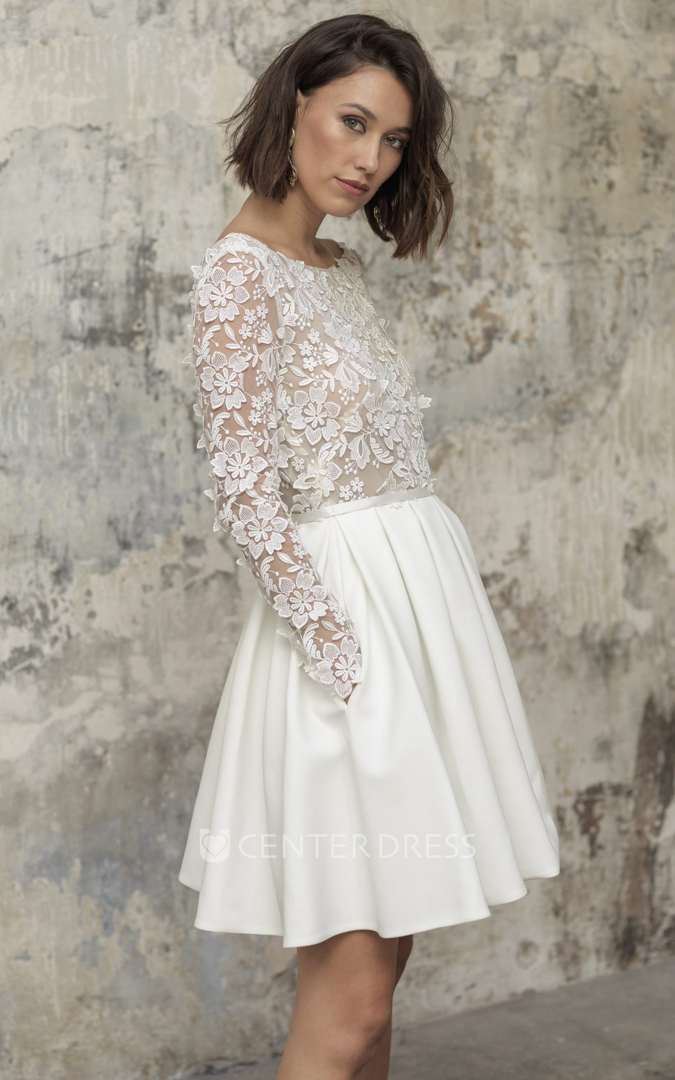 Satin Lace Bateau A Line Long Sleeve Knee length Open Back Wedding Dress With Appliques