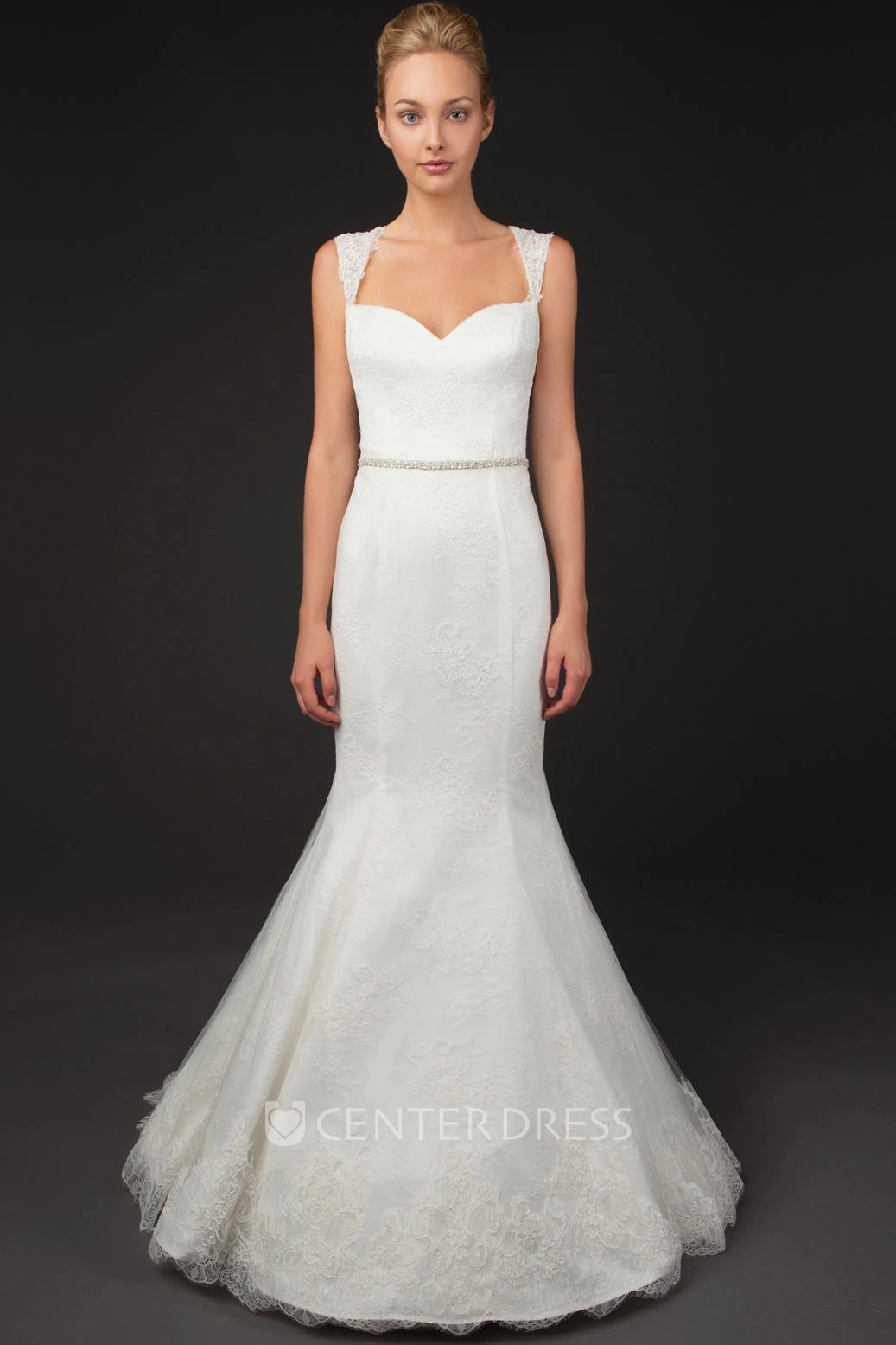 Mermaid Appliqued Floor-Length Sleeveless Queen-Anne Lace Winter Wedding Dress With Illusion Back And Waist Jewellery