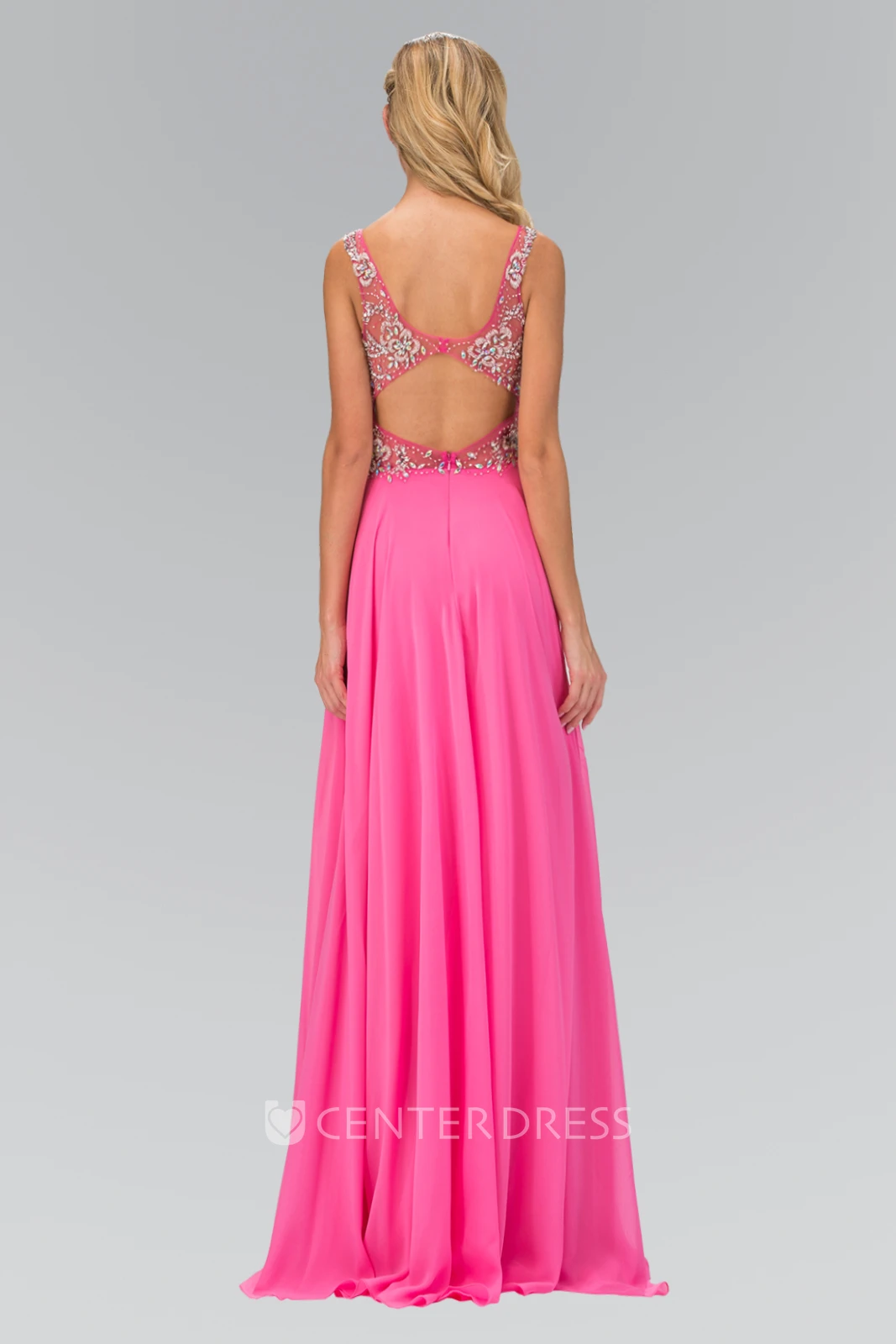 A-Line Straps Sleeveless Chiffon Low-V Back Dress With Beading And Split Front