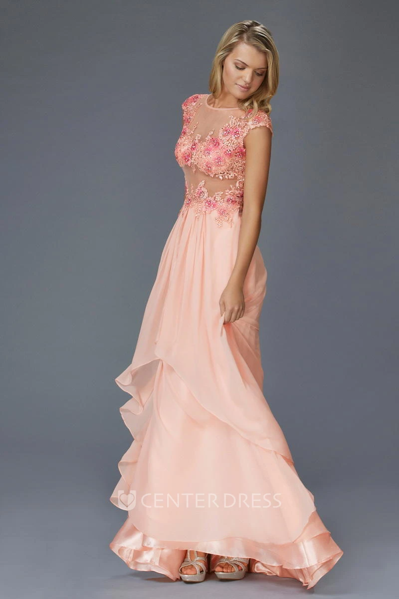 A-Line Maxi Scoop-Neck Cap-Sleeve Chiffon Illusion Dress With Appliques