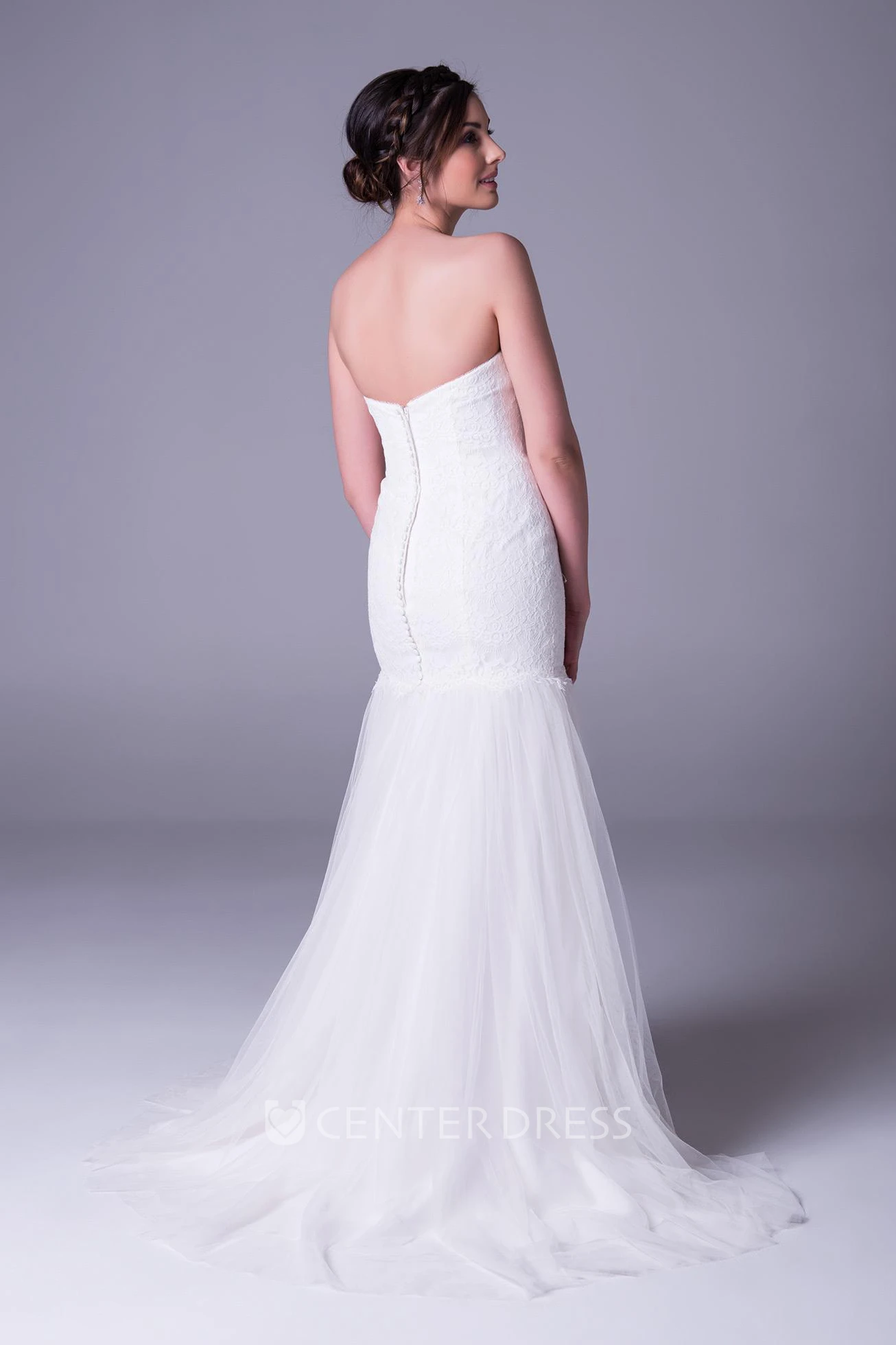 Trumpet Sleeveless Strapless Long Tulle&Lace Wedding Dress