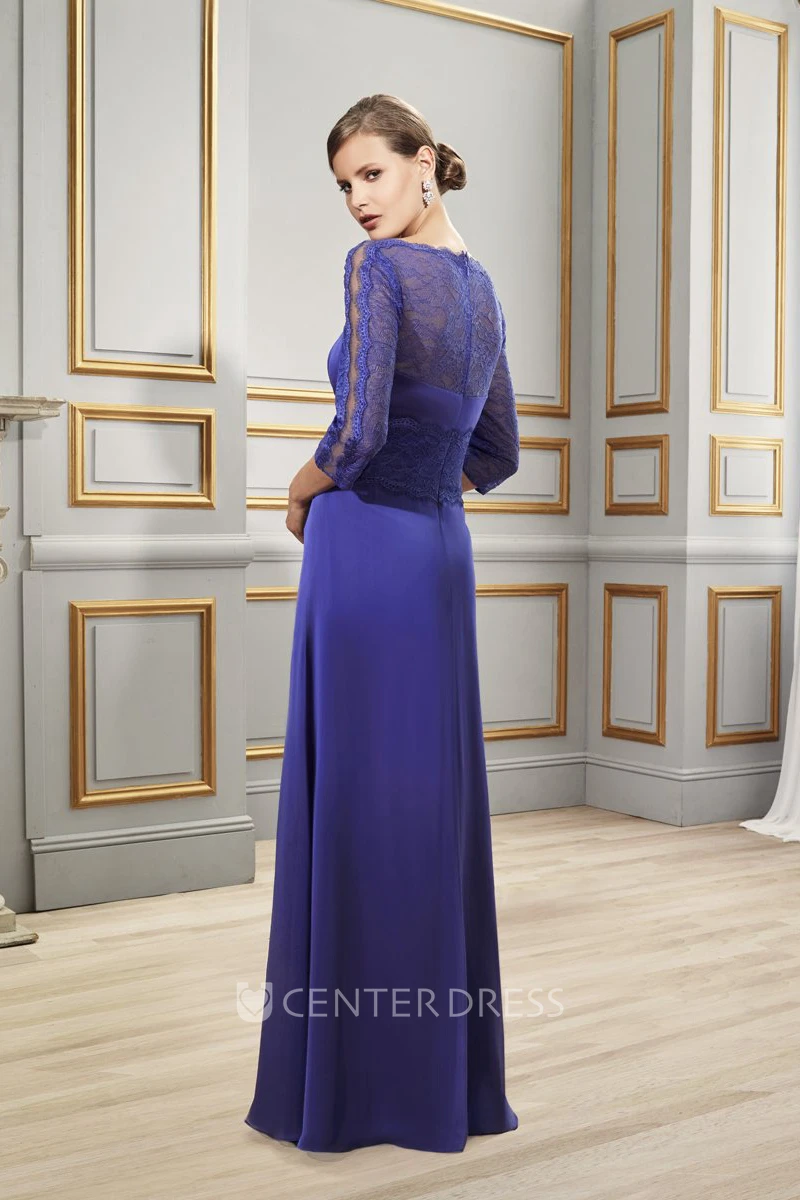 Sheath Draped Jewel-Neck 3-4-Sleeve Long Tulle&Satin Formal Dress With Lace