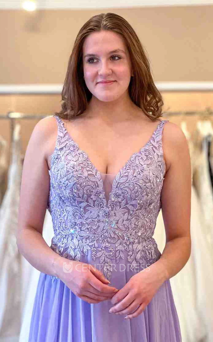 V-neck A-Line Simple Beach Chiffon Prom Dress With Appliques And Low-V Back