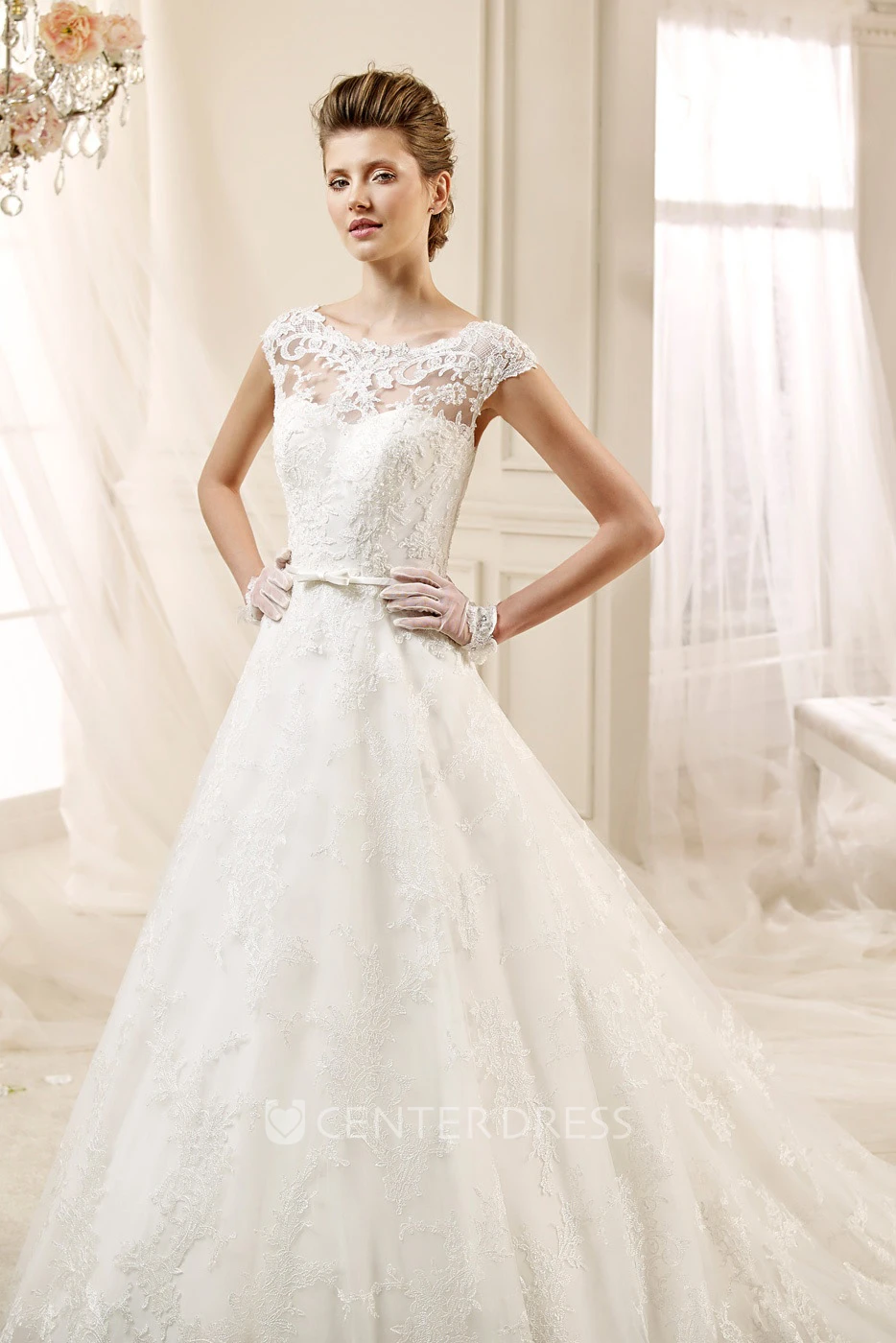 Cap sleeve A-line Lace Wedding Gown with Appliques and Jewel Neckline 