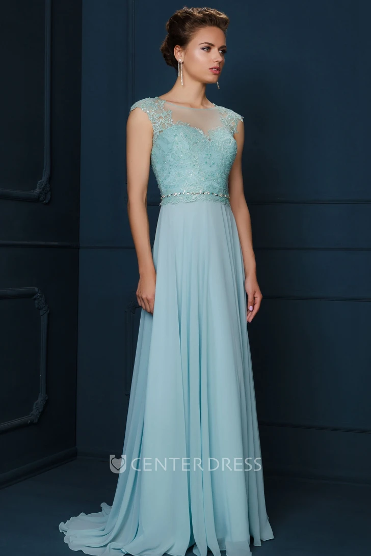 A-Line Jewel-Neck Cap-Sleeve Appliqued Maxi Chiffon&Lace Evening Dress With Beading And Pleats