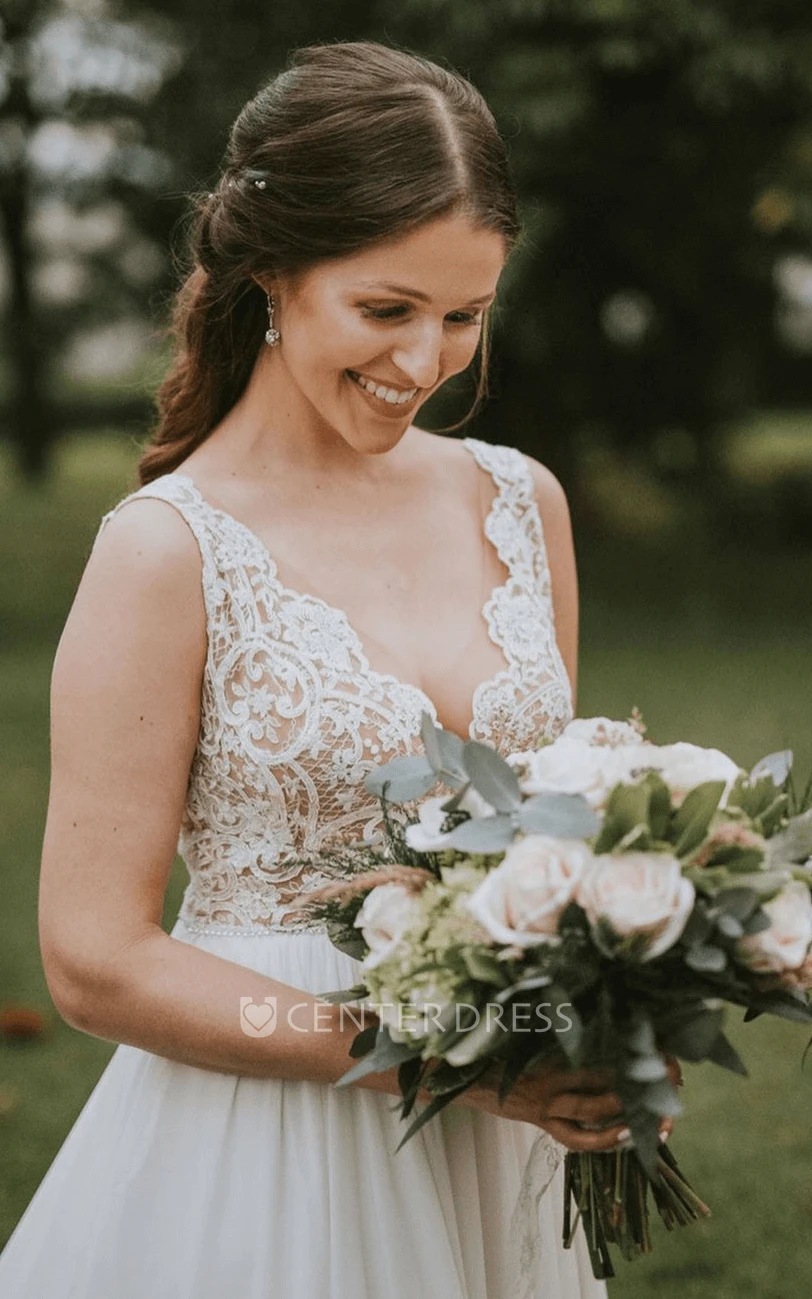 Modern Chiffon and Lace V-neck Floor-length Court Train Sleeveless A Line Wedding Dress