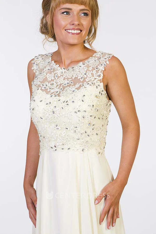 A-Line Sleeveless Appliqued Scoop Floor-Length Chiffon Prom Dress With Illusion Back And Beading