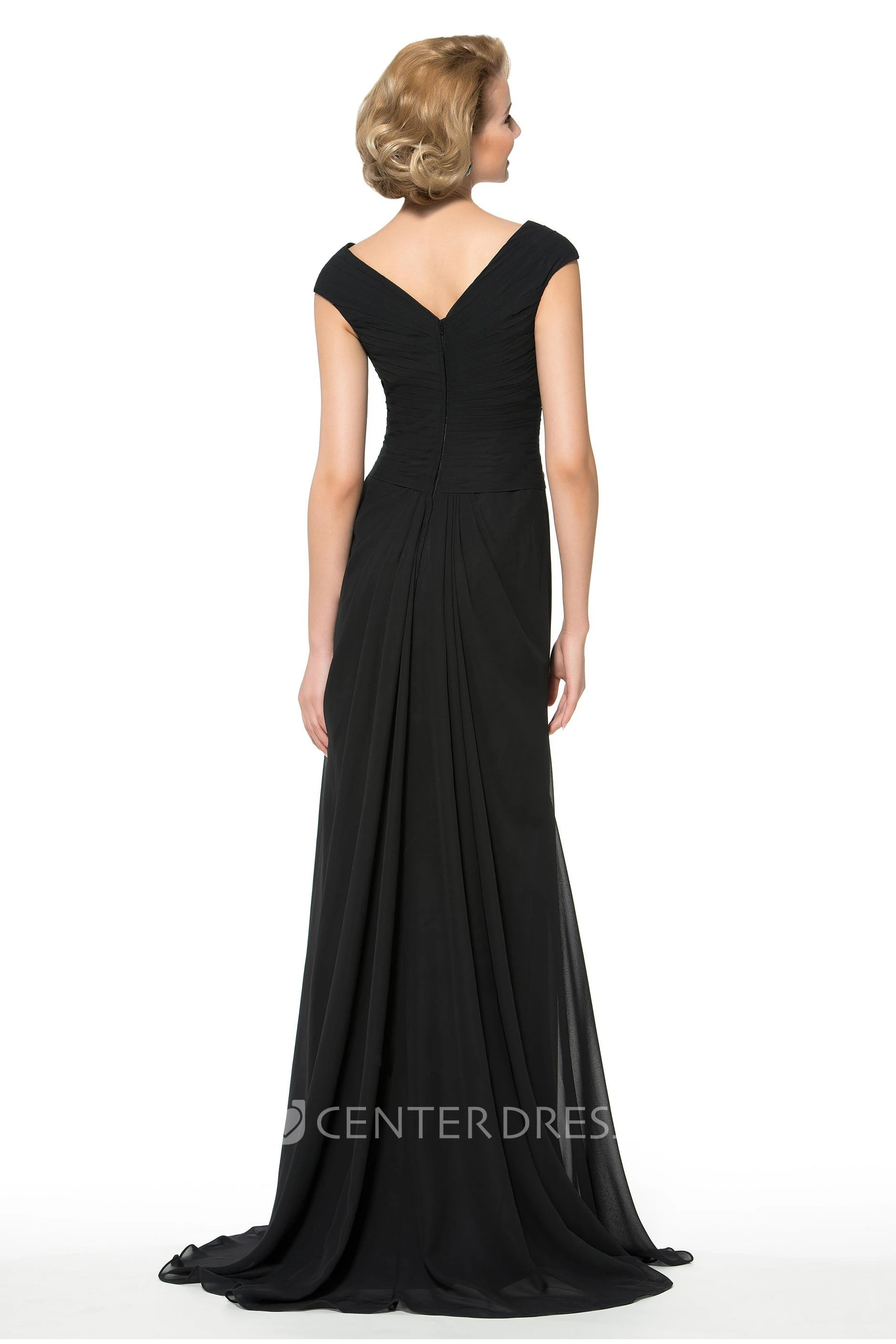 Simple Chiffon V-Neck Cap Sleeve Long Dress with Front Split and Beading