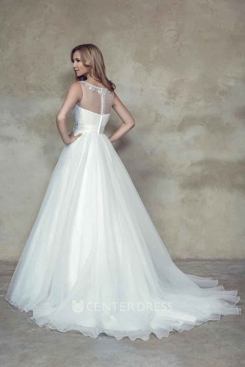 A-Line Scoop Criss-Cross Sleeveless Maxi Tulle&Satin Wedding Dress With Beading And Flower