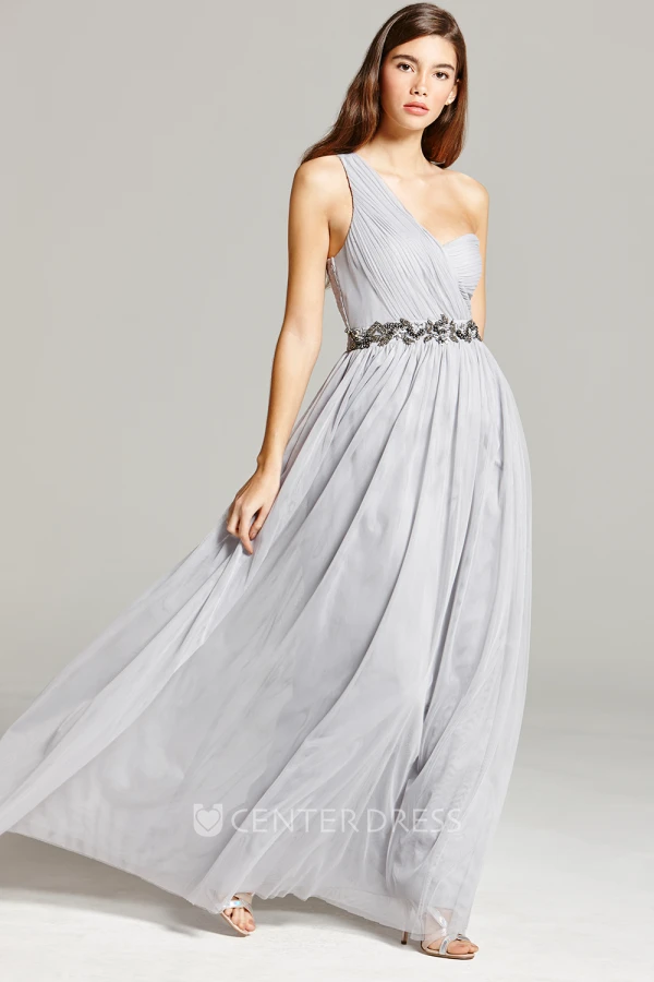Jeweled One-Shoulder Sleeveless Chiffon Bridesmaid Dress With Straps