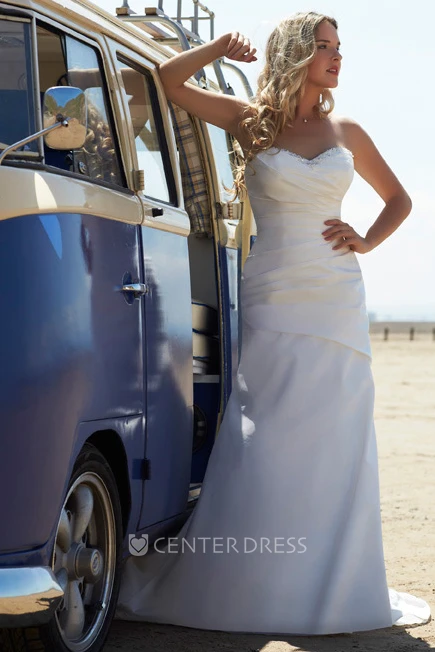 Sweetheart Long Ruched Taffeta Wedding Dress With Beading And V Back