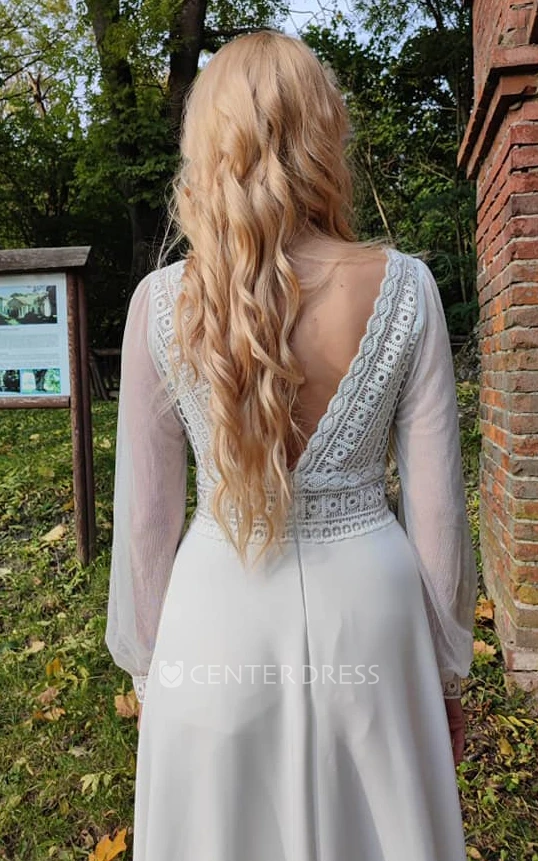 Romantic A-Line Satin Wedding Dress With Poet Long Selves And Zipper Back
