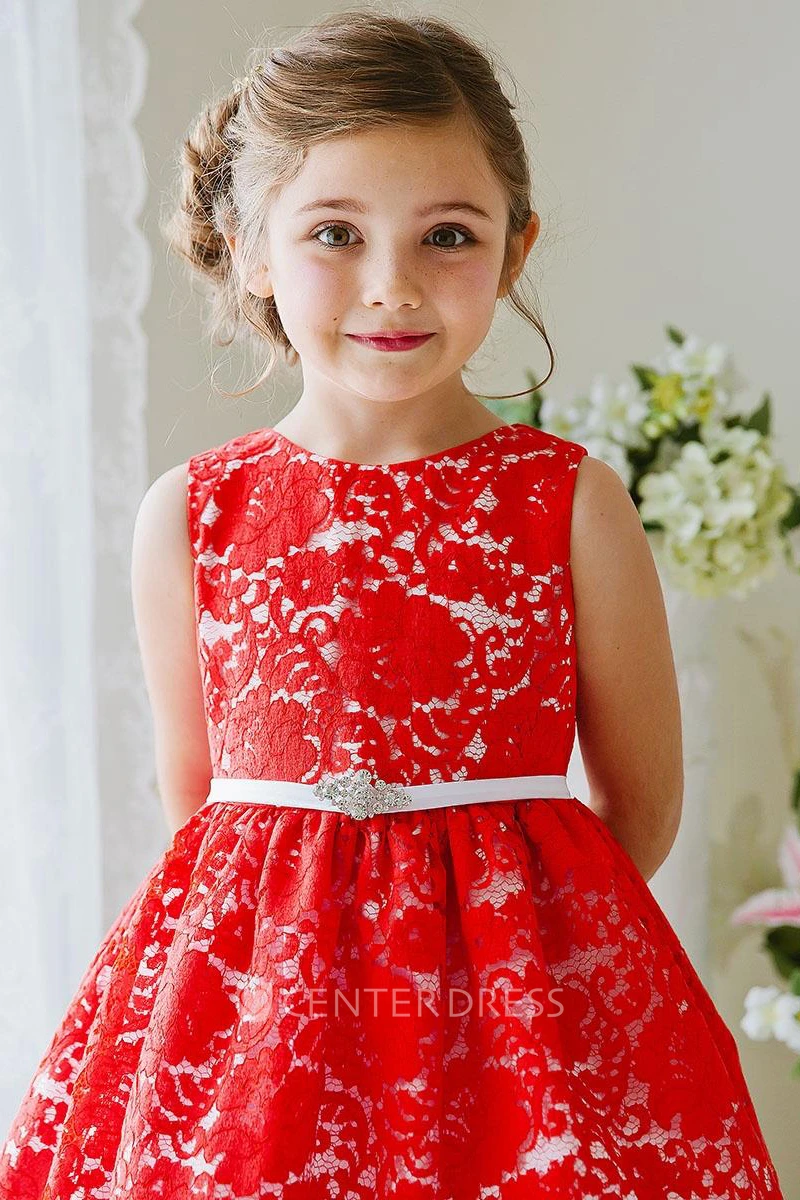 Tea-Length Floral Beaded Lace&Satin Flower Girl Dress With Ribbon