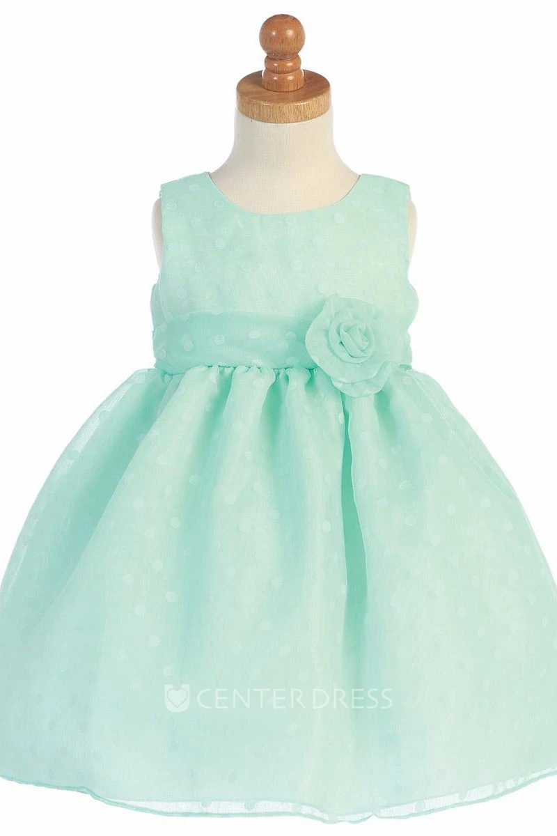 Tea-Length Floral Pleated Floral Flower Girl Dress With Ribbon