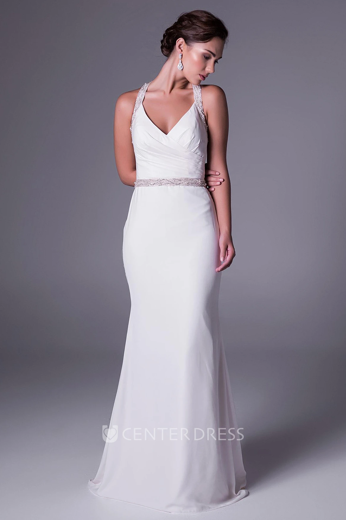 Sheath Ruched Haltered Long Sleeveless Chiffon Wedding Dress With Waist Jewellery