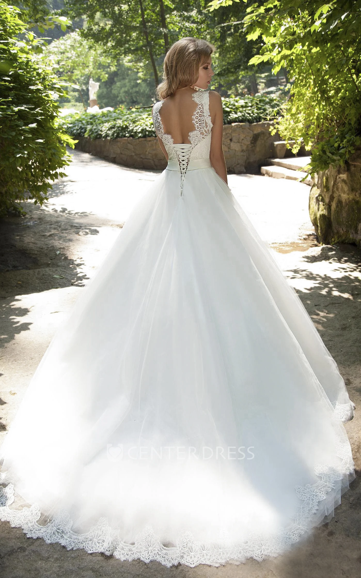 Ball Gown Long Bateau Sleeveless Low-V-Back Tulle Dress With Lace And Waist Jewellery