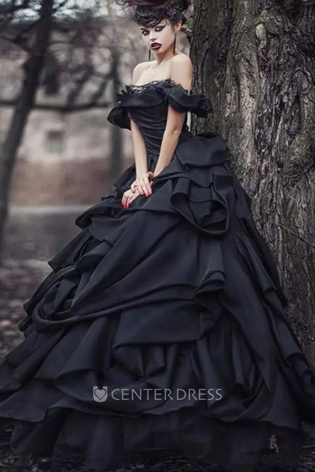 Sleeveless Ball Gown Off-the-shoulder Taffeta Floor-length Wedding Dress with Cascading Ruffles