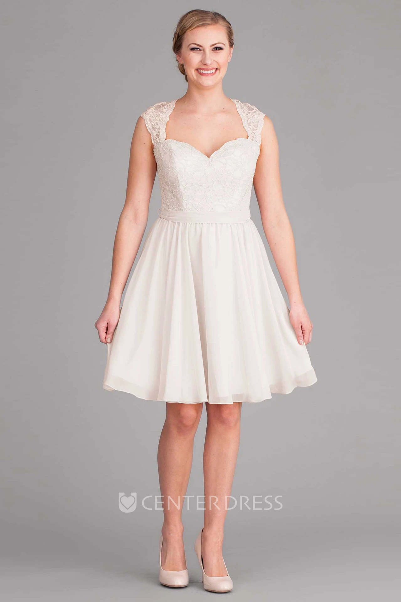 Midi Queen Anne Cap-Sleeve Lace Chiffon Wedding Dress