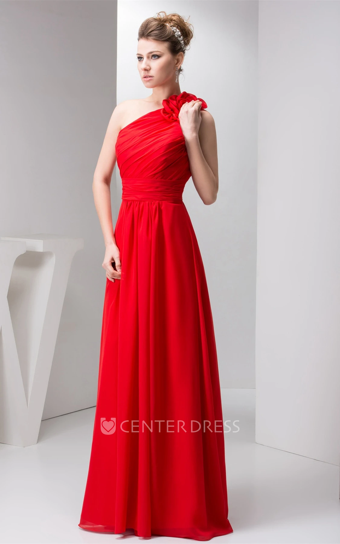 One-Shoulder Chiffon Maxi Dress with Ruching and Floral Epaulet