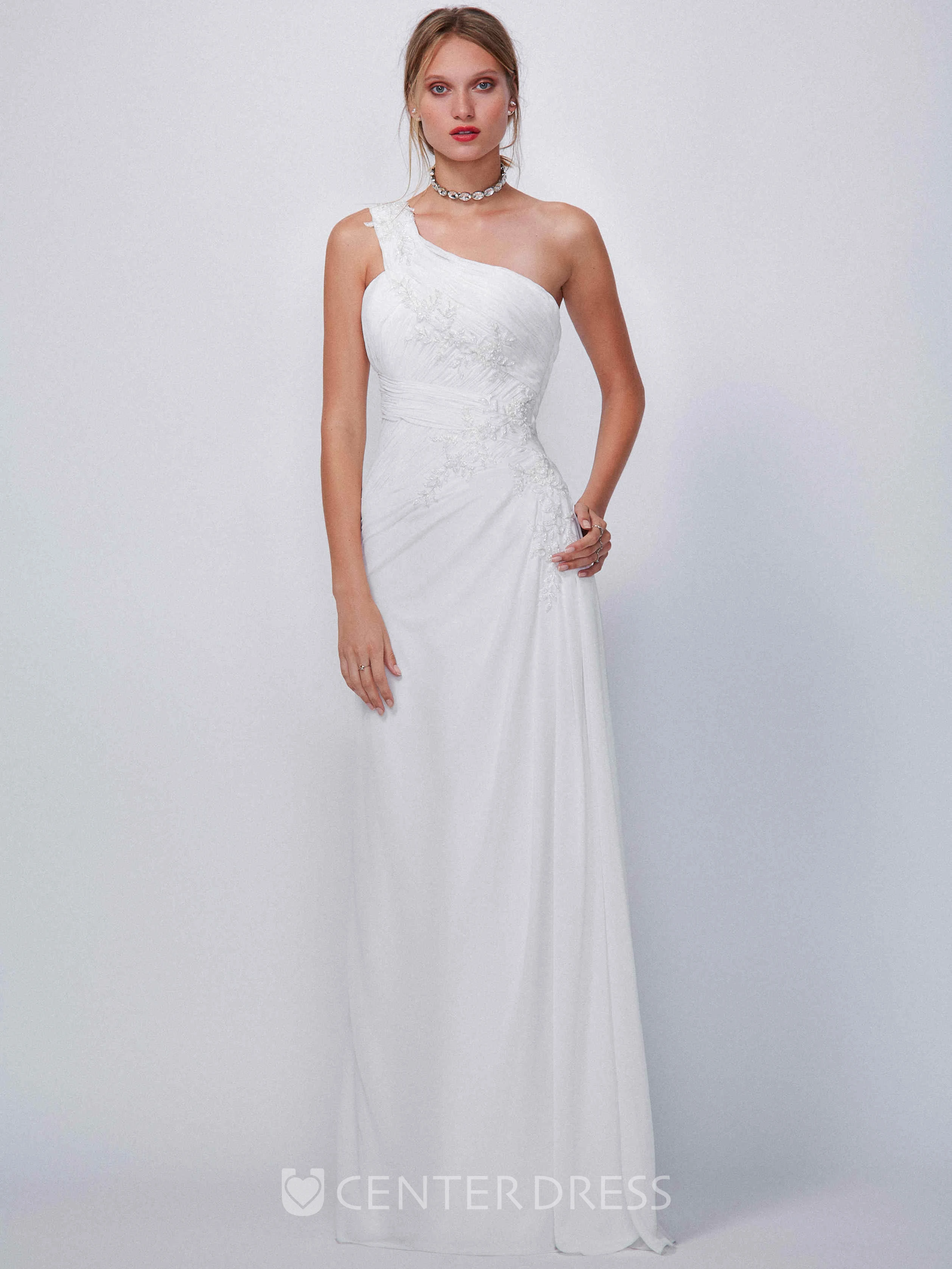 One-Shoulder Long Appliqued Chiffon Wedding Dress With Draping And Corset Back
