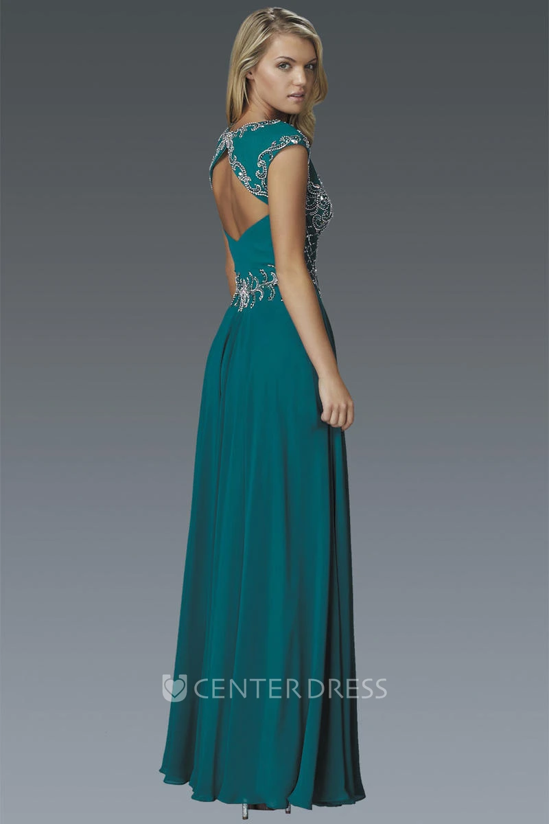 A-Line V-Neck Cap-Sleeve Chiffon Keyhole Dress With Beading And Pleats