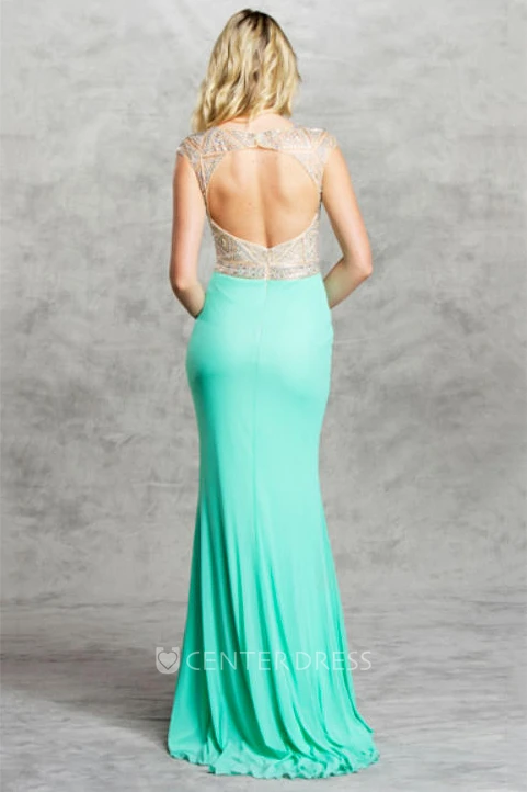 Sheath V-Neck Cap-Sleeve Jersey Keyhole Dress With Beading