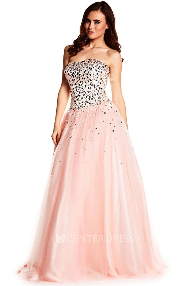 A-Line Sweetheart Long Sleeveless Sequined Tulle Prom Dress