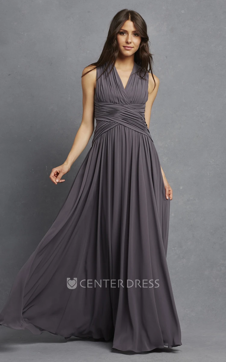 Sleeveless Chiffon V-Neck Dress With Crisscross Ruching