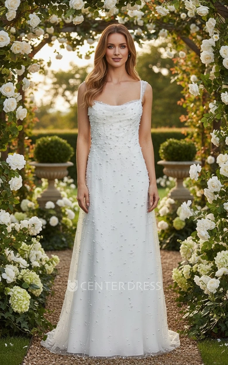 Sexy Elopement Sheath Pearl Cowl Neck Spring Wedding Dress Romantic Chic Wide Tulle Straps Satin Bridal Gown with Sweep Train