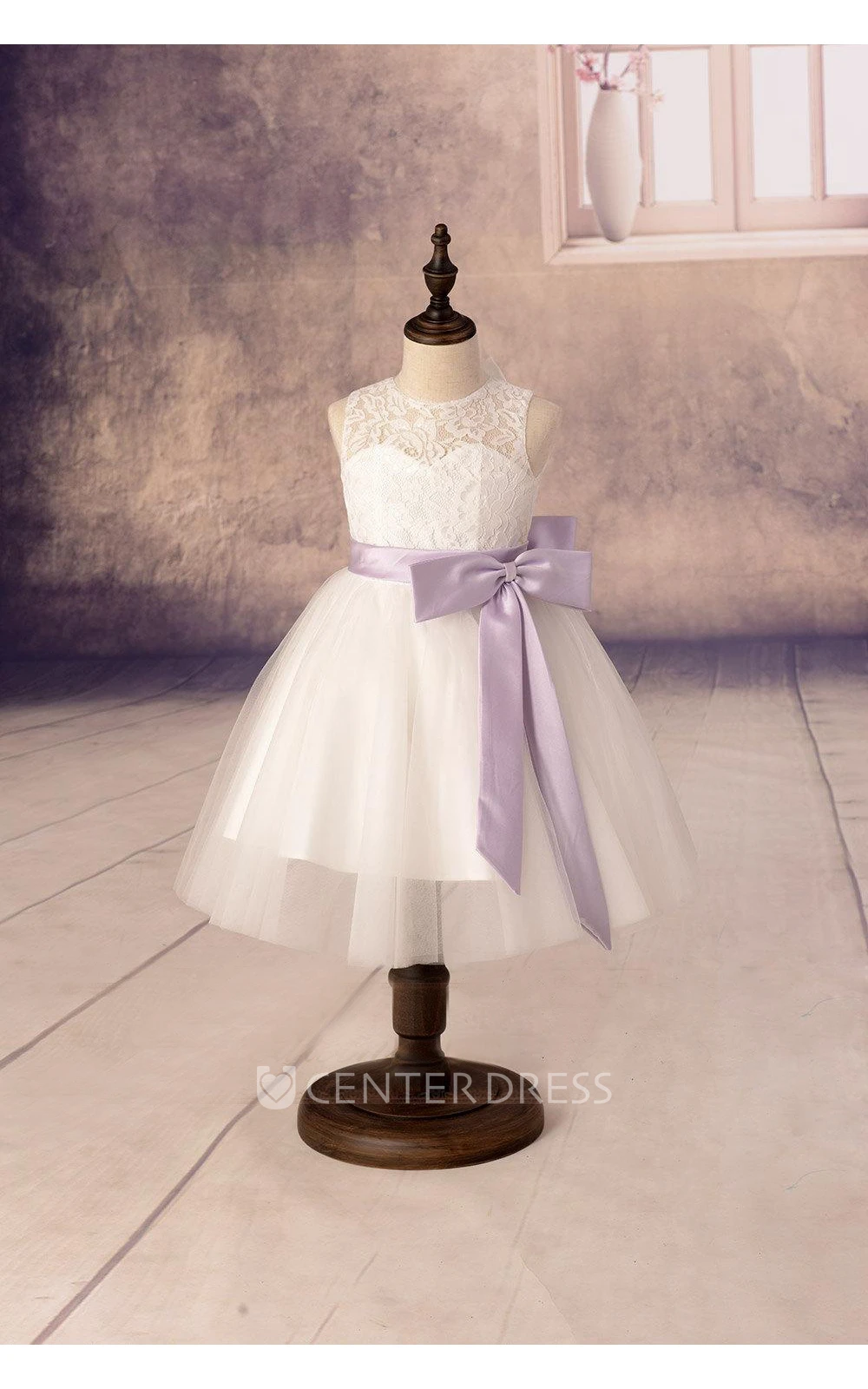 Charming A-line Tulle Flower Girl Dress With Lace Top and Satin Sash