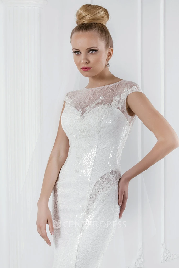 Sheath Jewel-Neck Sequined Sleeveless Lace Wedding Dress With Illusion