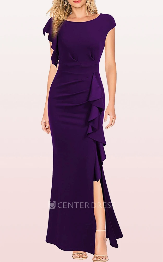 Elegant Jersey Sheath Sleeveless Bateau Guest Dress With Ruffles and Split Front