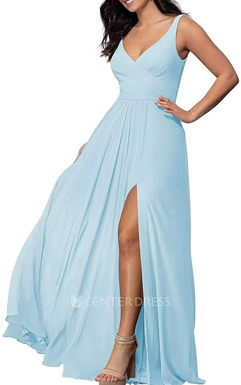 Chiffon Floor-length V-neck A Line Sleeveless Bridesmaid Dress With Criss Split Front