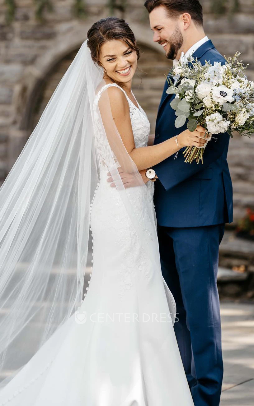 Elegant Mermaid Garden Wedding Dress with Applique Straps Court Train Button Back