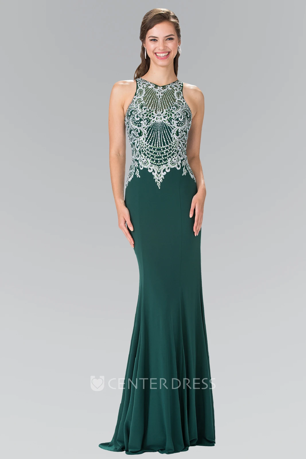 Sheath Long Jewel-Neck Sleeveless Jersey Zipper Dress With Beading And Sequins